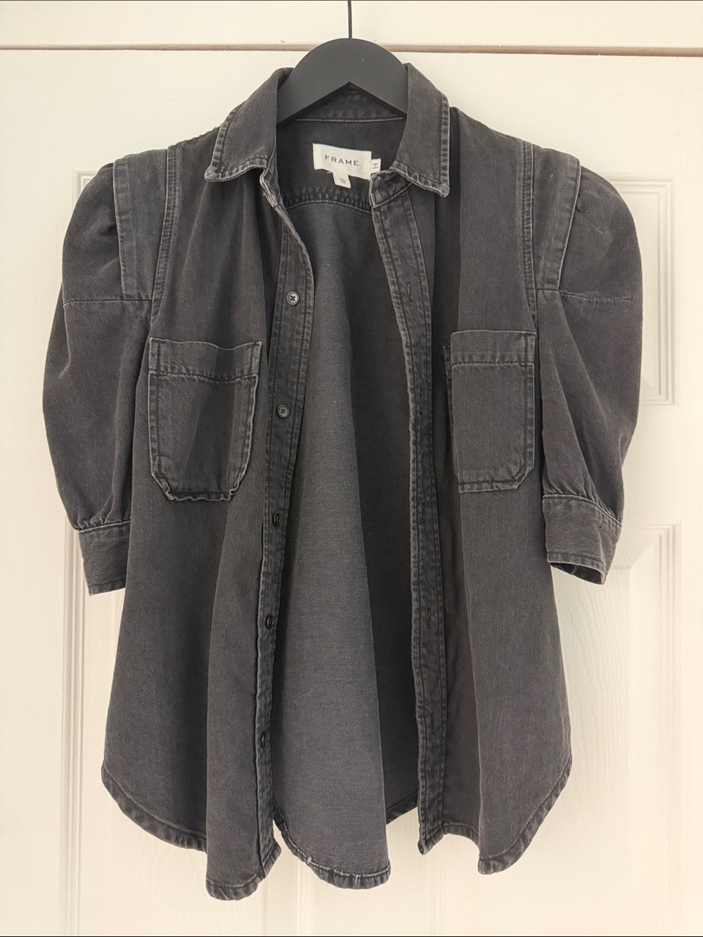Frame Denim Washed Charcoal Puff Sleeve Button-Down